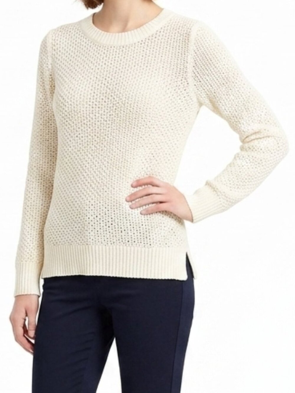 Lauren Ralph Lauren "Prior" Textured Knit Split Hem Sweater in "Eggshell"- Sz.Sm